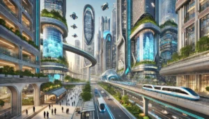 DALL·E 2024-07-17 12.47.59 – A futuristic city with towering skyscrapers made of glass and metal, advanced transportation systems, and lush green spaces integrated into the urban